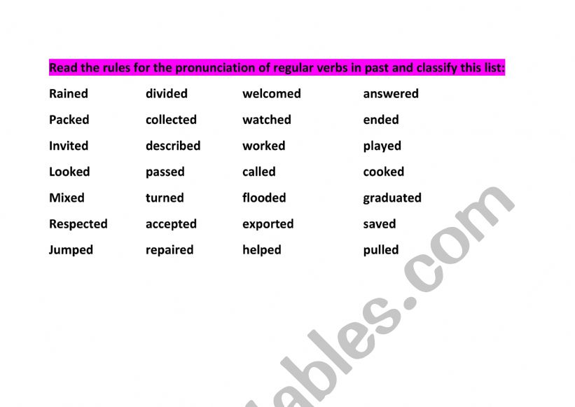 REGULAR VERBS PRONUNCIATION worksheet