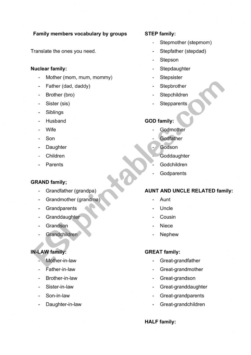 Family members list by groups worksheet