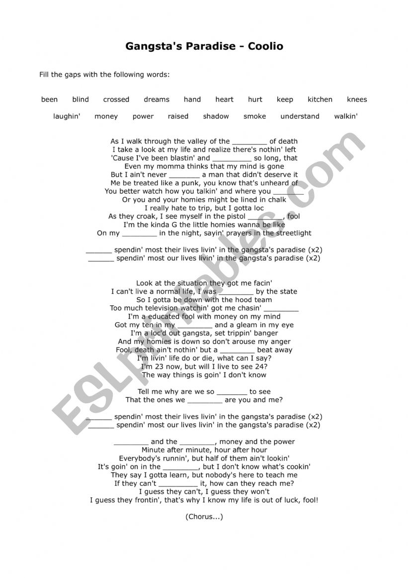 GangstaÃ¯Â¿Â½s paradise worksheet