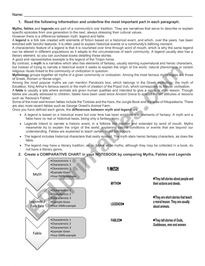 Legends, Myths and Fables worksheet