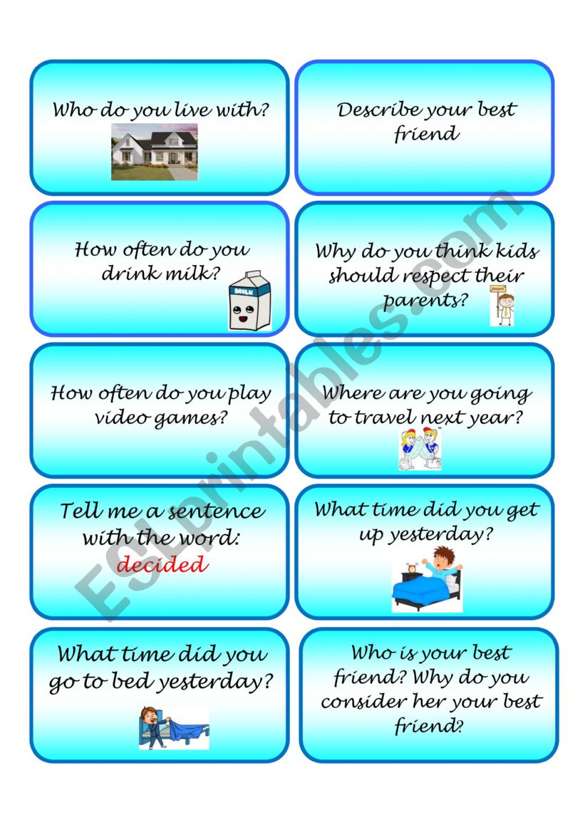 Speaking cards worksheet