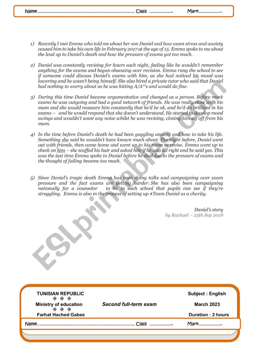 2nd form End-Of-Term test 2 worksheet