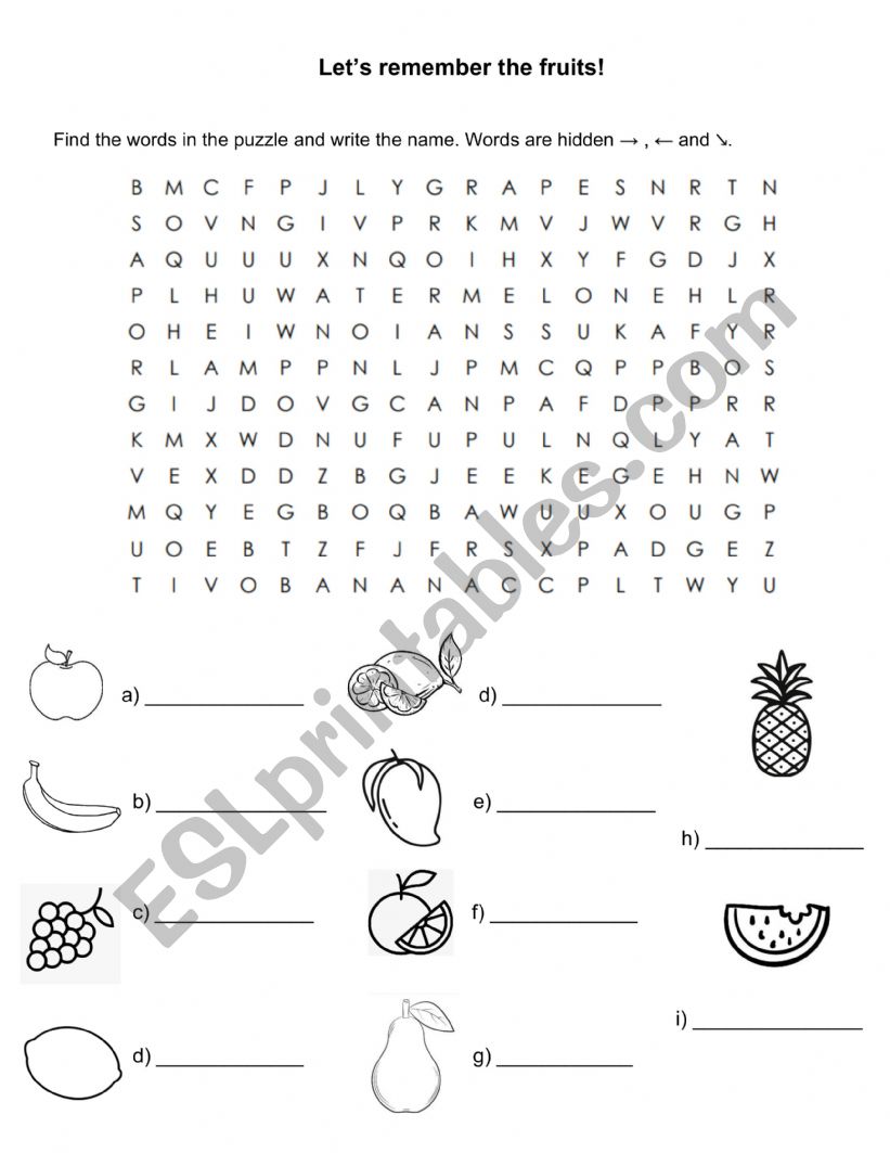 Wordsearch fruits worksheet