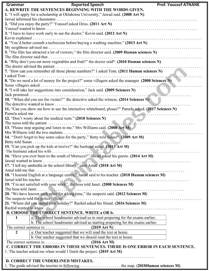 Reported Speech exercises worksheet