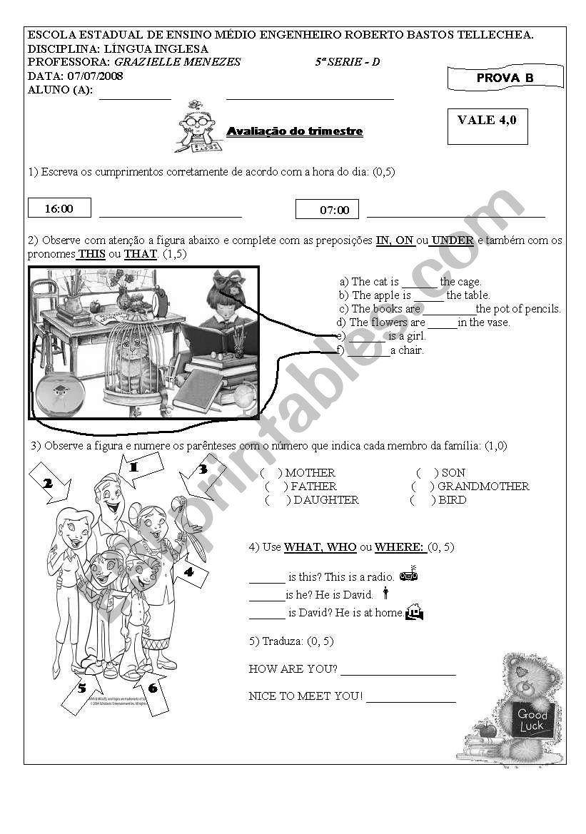 exam with pronouns and family worksheet