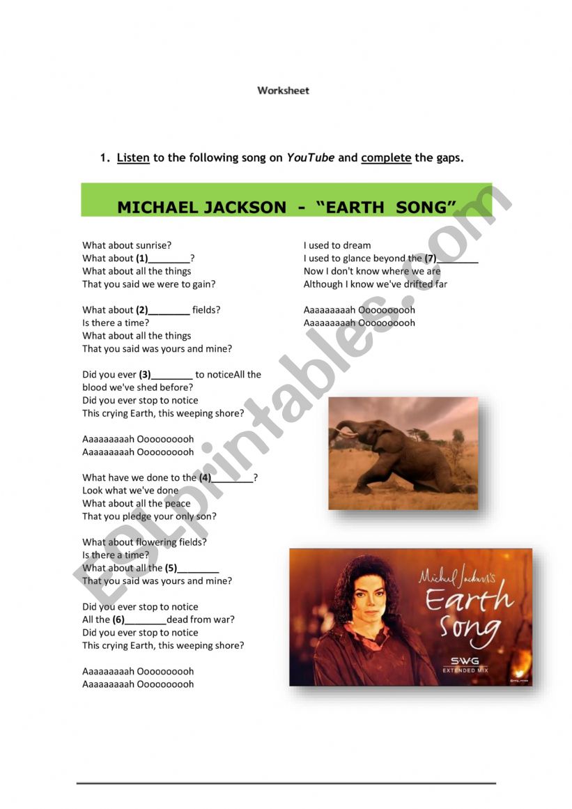 Earth Song - Michael Jackson worksheet
