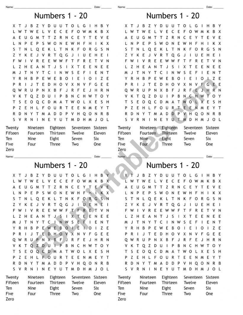 Numbers 1 to 20 wordsearch worksheet