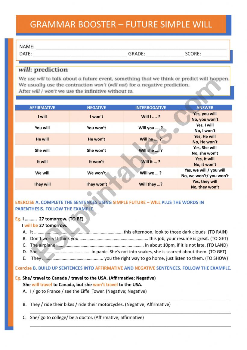 Future simple Will worksheet