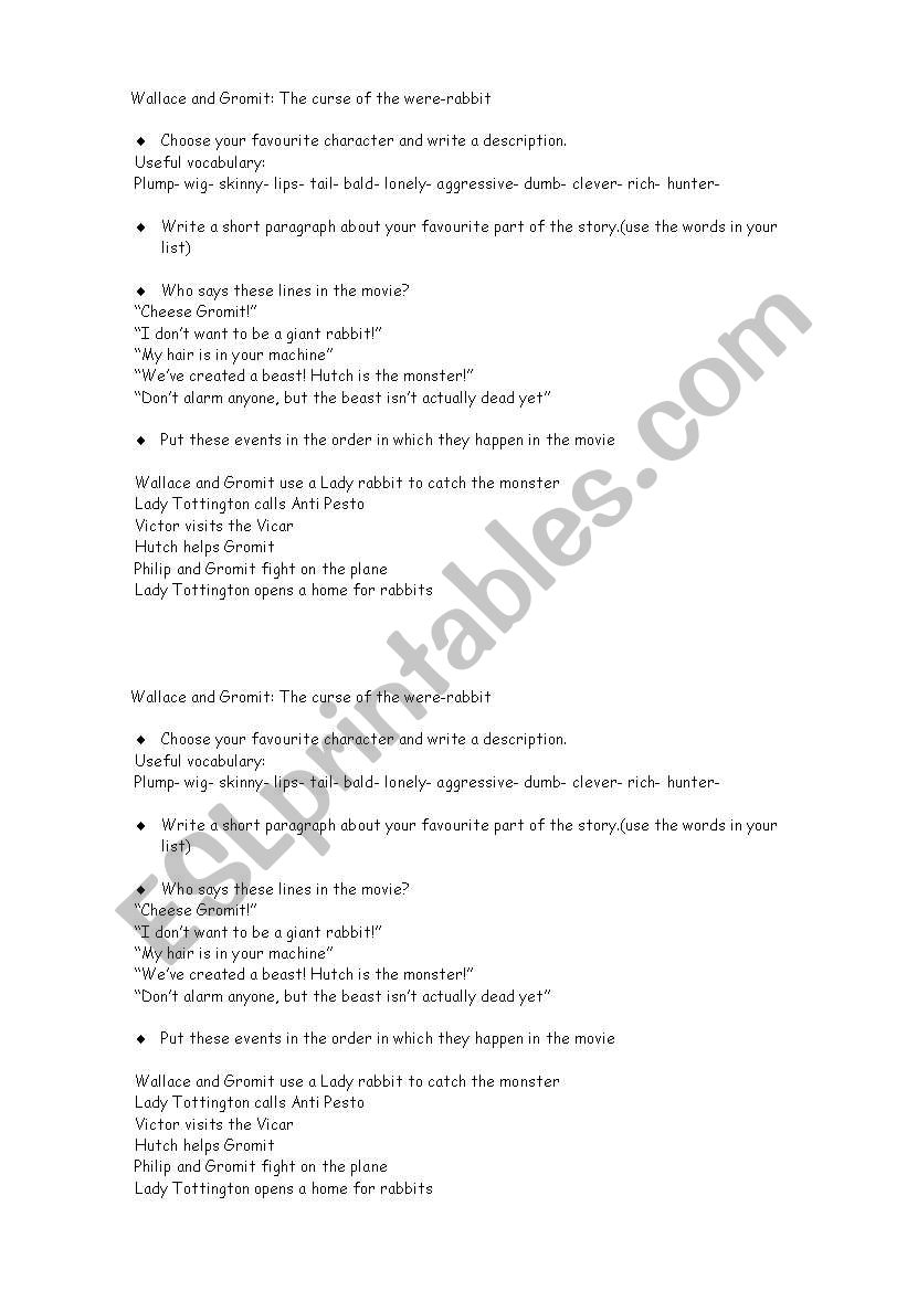 wallace and gromit worksheet