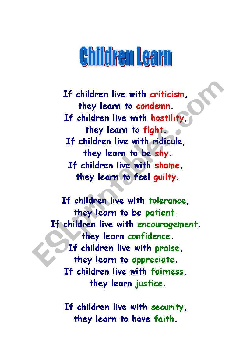 CHILDREN LEARN POEM worksheet