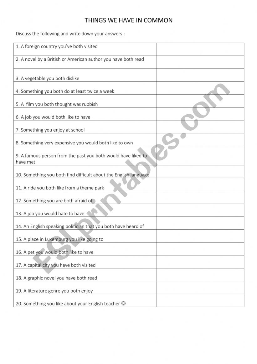 Things we have in common  worksheet