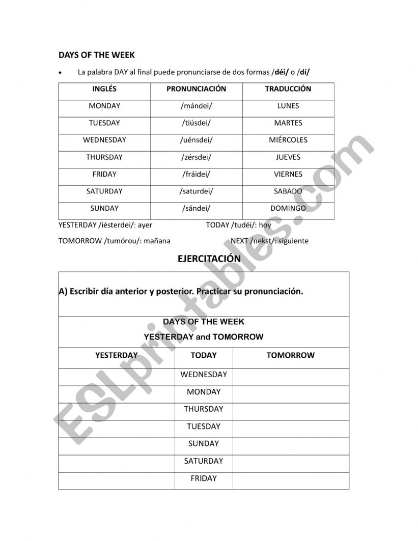 Days of the week worksheet