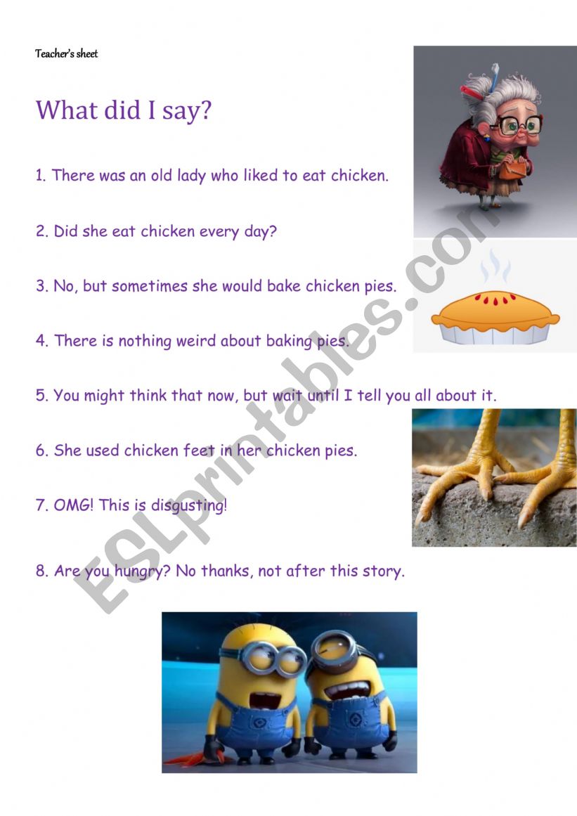 What Did I Say Chicken Feet Teacher Diane Dictation 001 LevelB1 &  B2 teacher and student worksheets