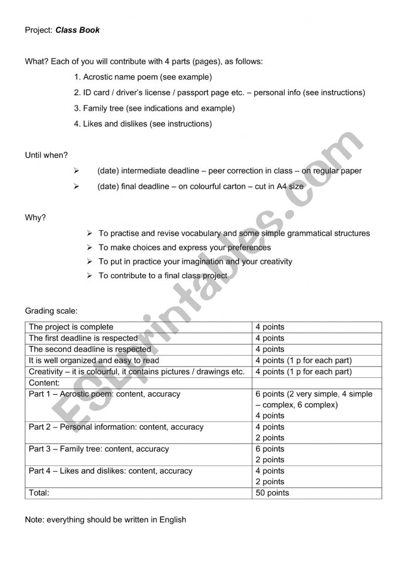 Project - Class Book worksheet