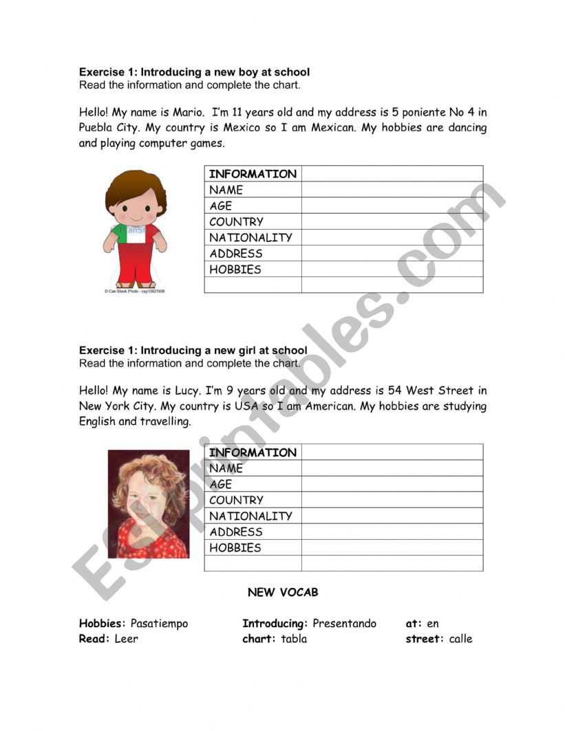 Personal information worksheet