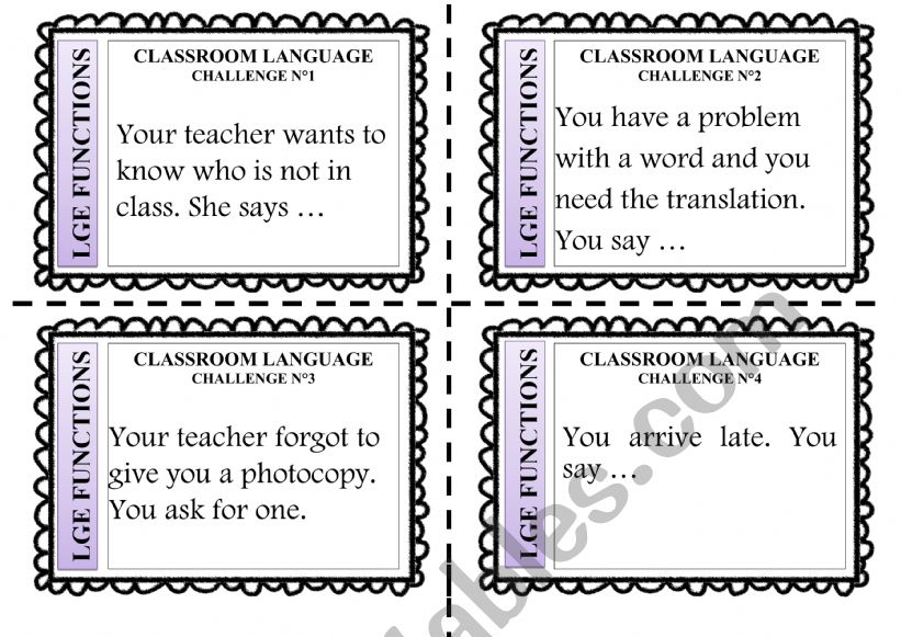 Classroom Language Challenge game cards 1 to 4