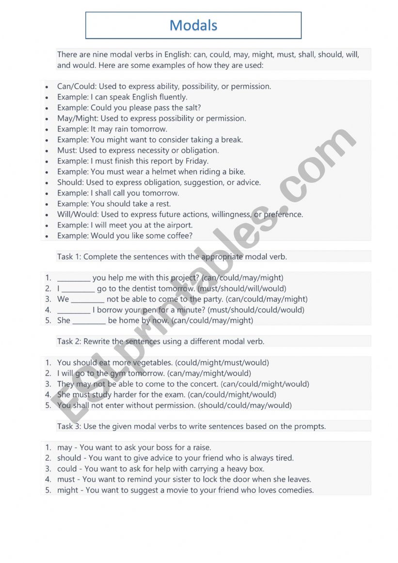 Modals worksheet