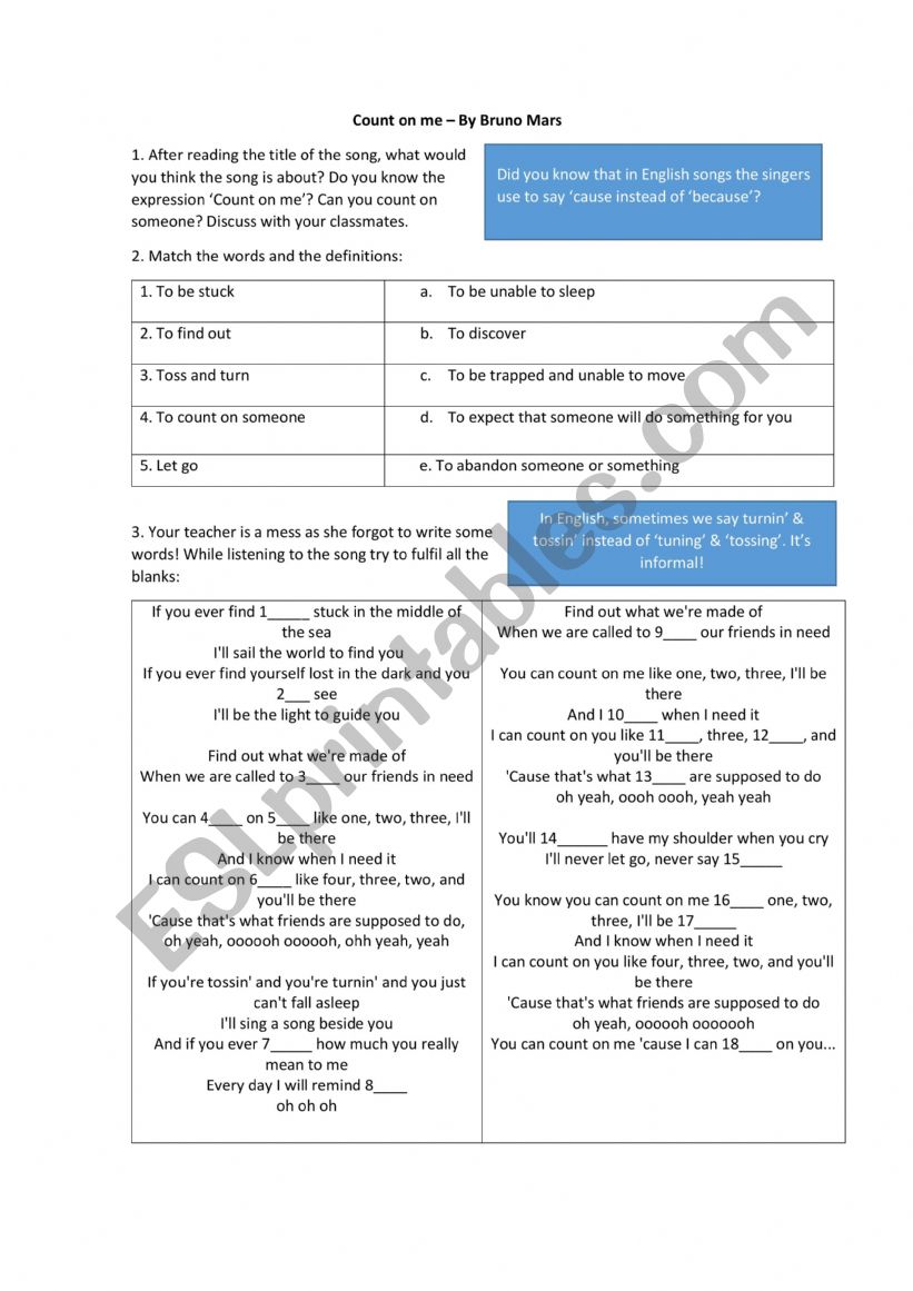 Count on me. Brunos Mars worksheet