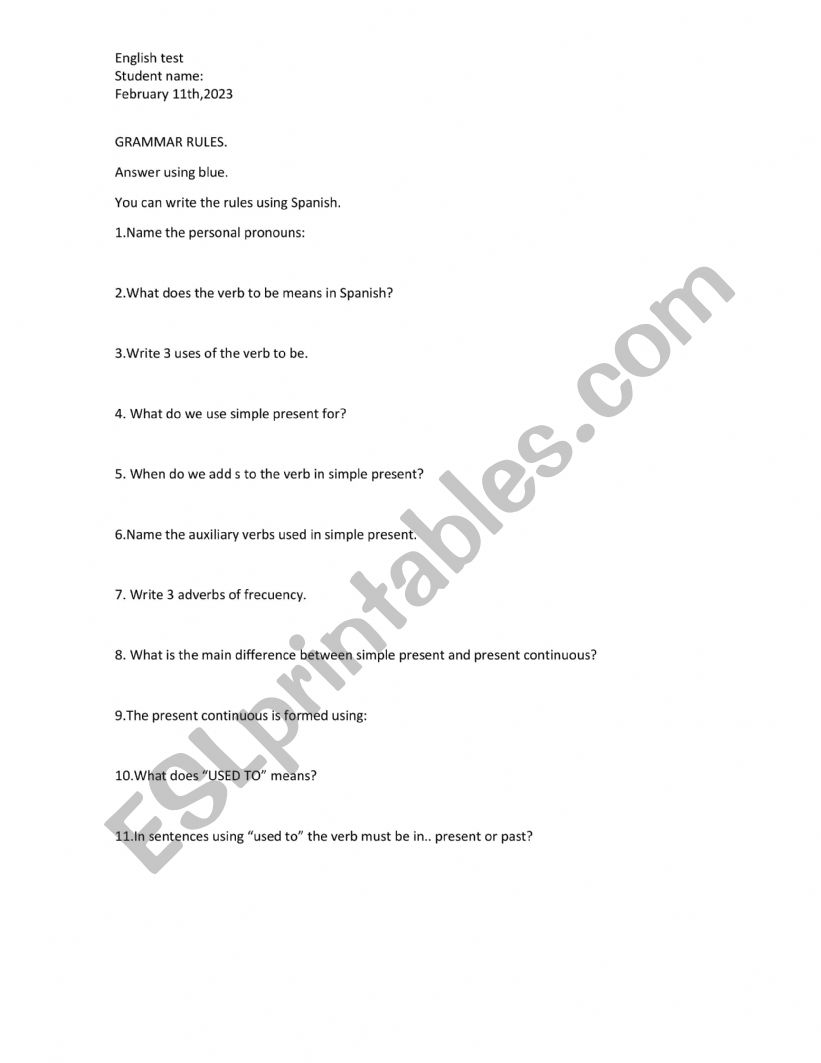 TEST FOR SIMPLE PRESENT, SIMPLE PAST