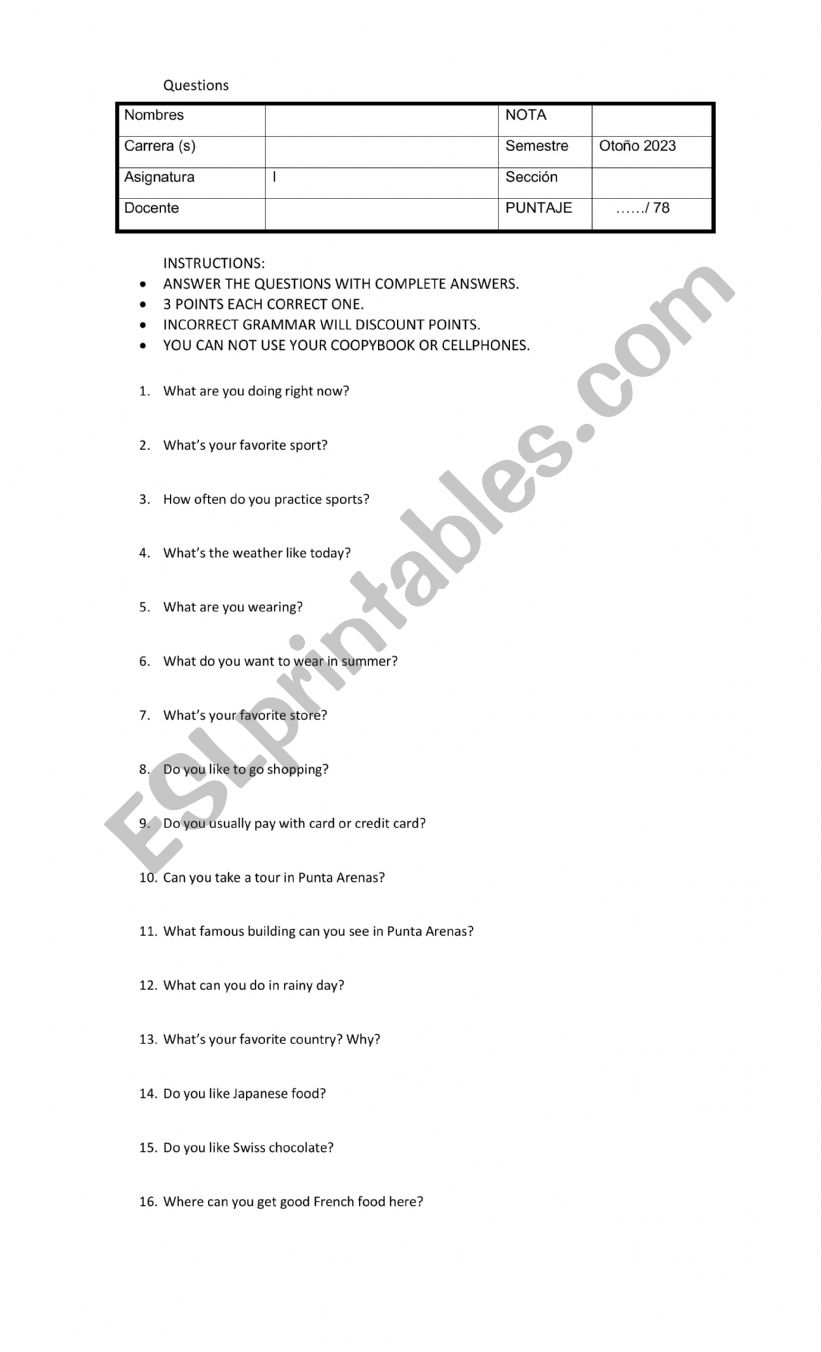 Questions worksheet