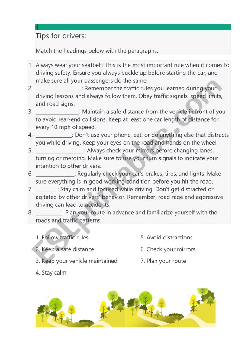 Driving tips worksheet