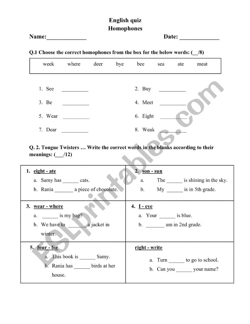 Homophones worksheet