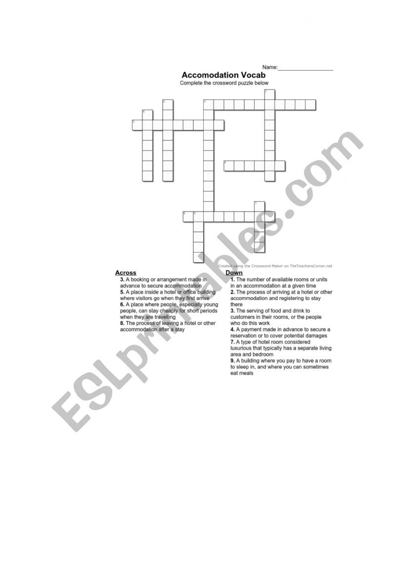 Accomodation Vocab Crossword worksheet