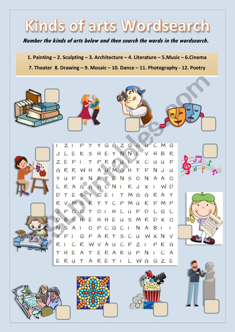 Kinds of Arts Wordsearch worksheet