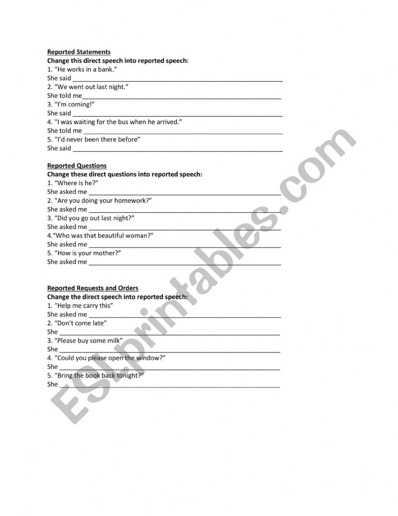 Reported Speech worksheet