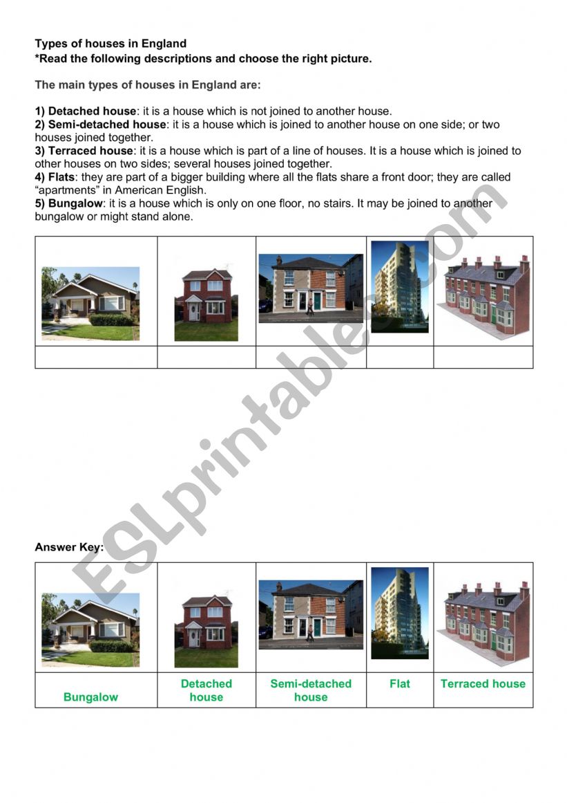 Types of houses in England worksheet