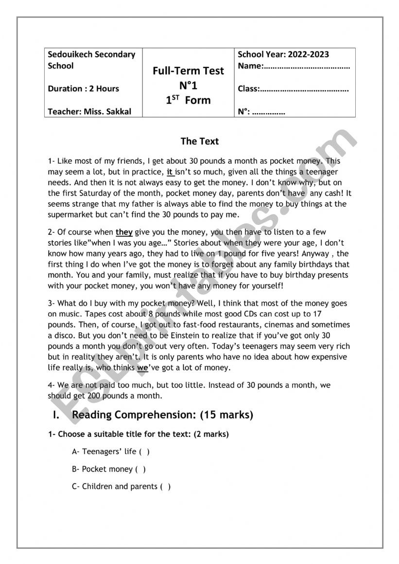 Exam worksheet