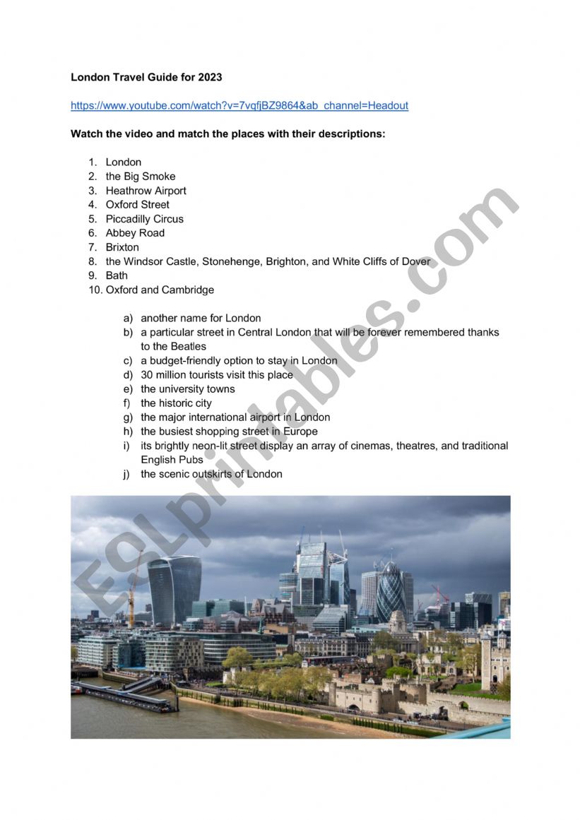 London Travel Guide for 2023 worksheet
