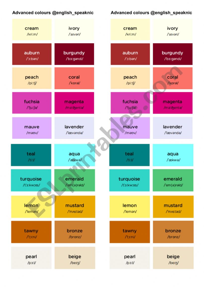 advanced colours worksheet
