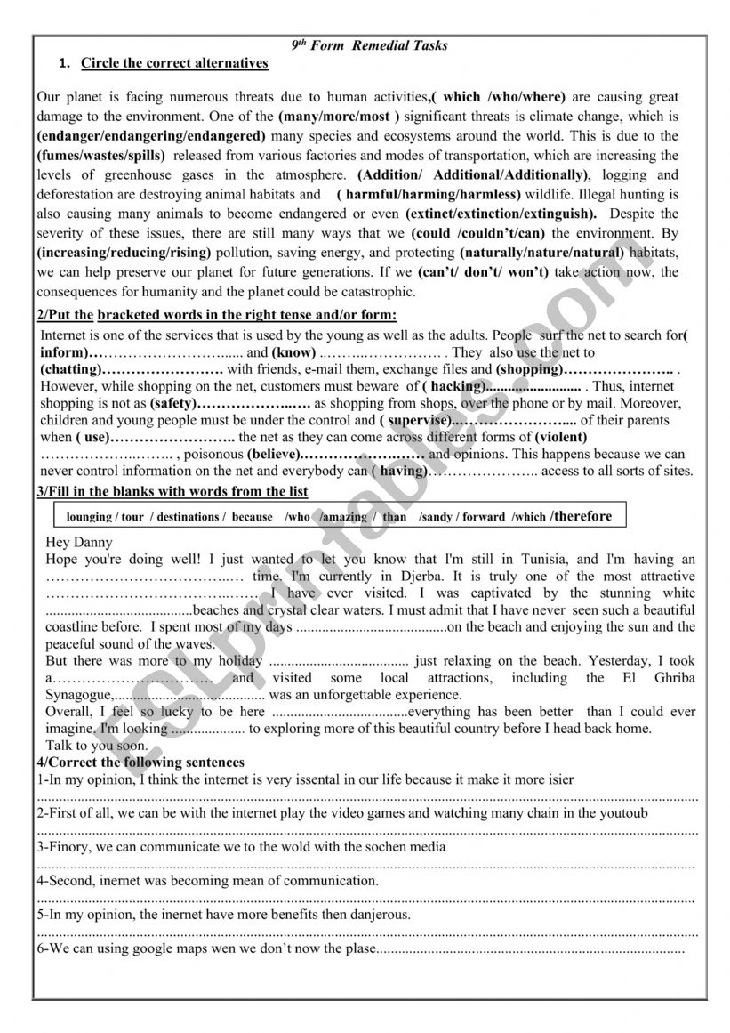 9th form remedial tasks worksheet