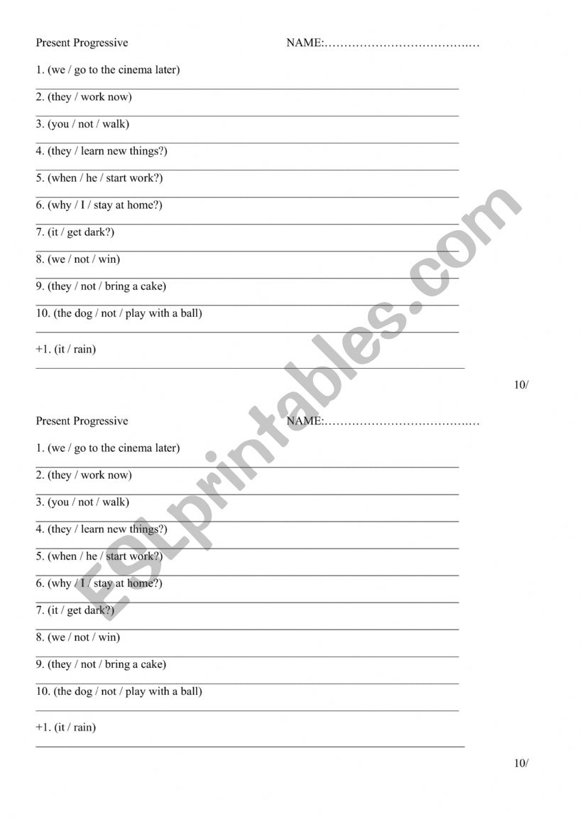 Present continuous, present progressive test