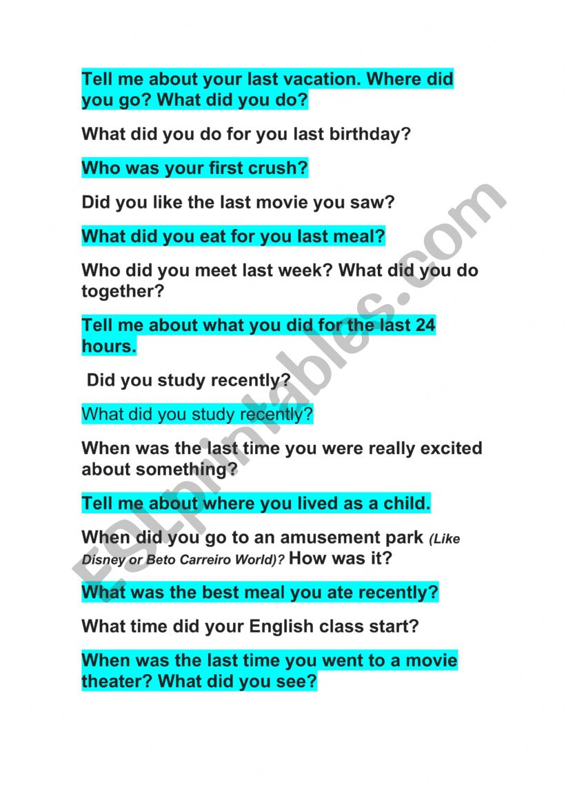Simple Past Speaking worksheet