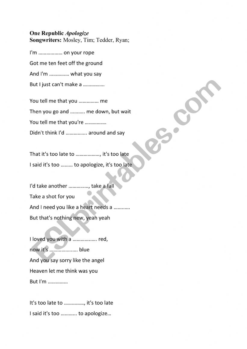 A song One Republic Apologise worksheet