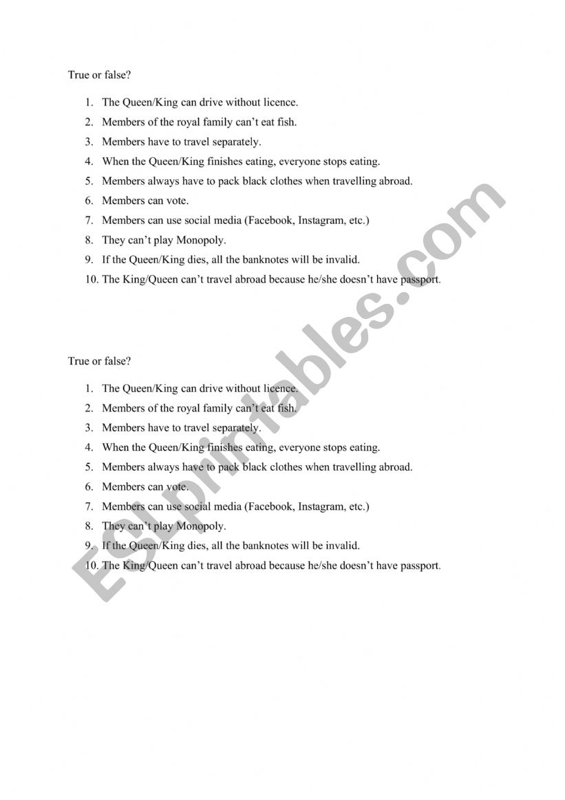 Royal family true or false worksheet