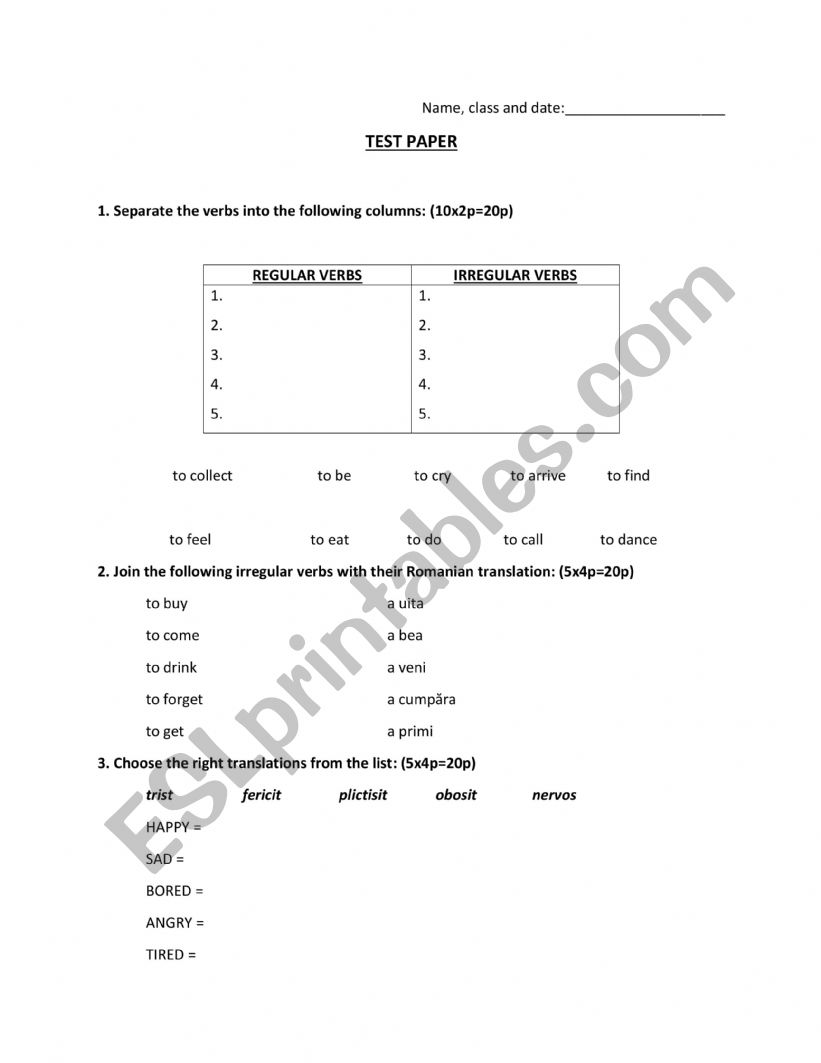 Test paper VI worksheet