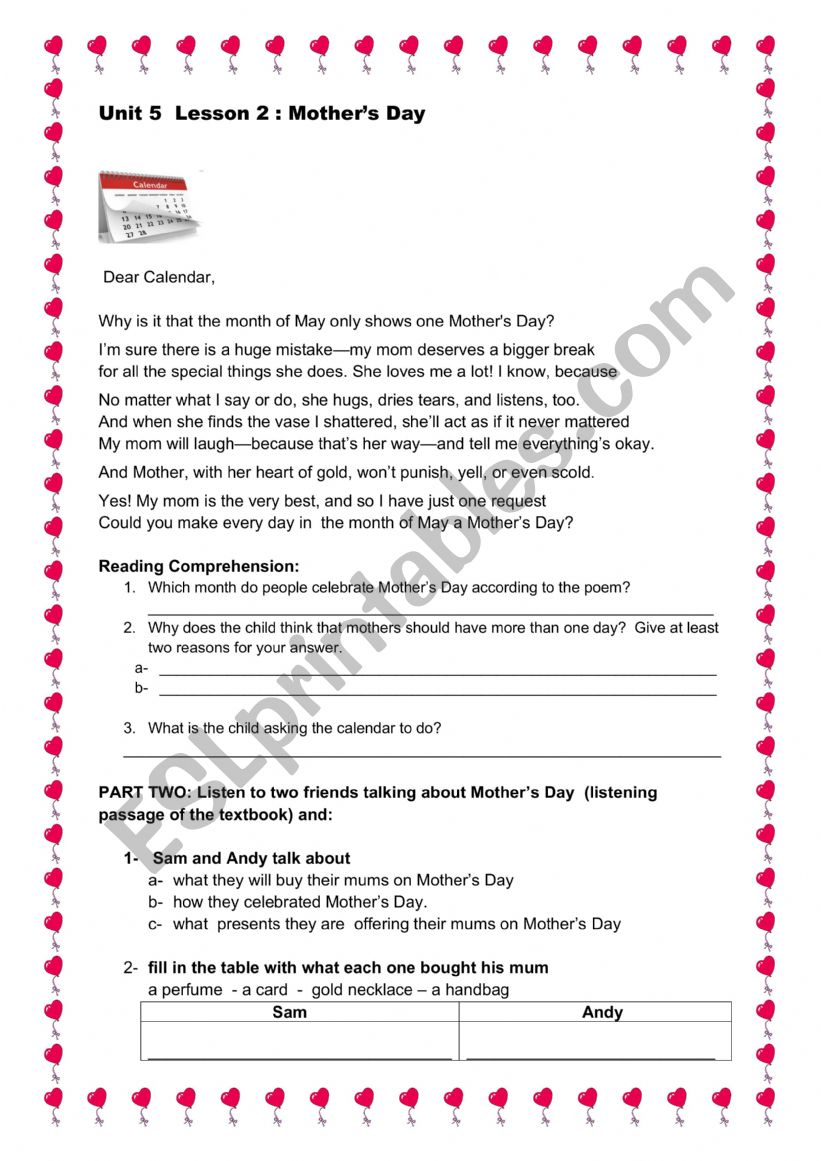 Mother�s Day worksheet