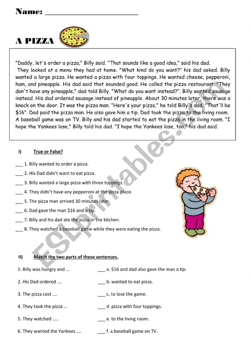 Pizza reading comprehension worksheet