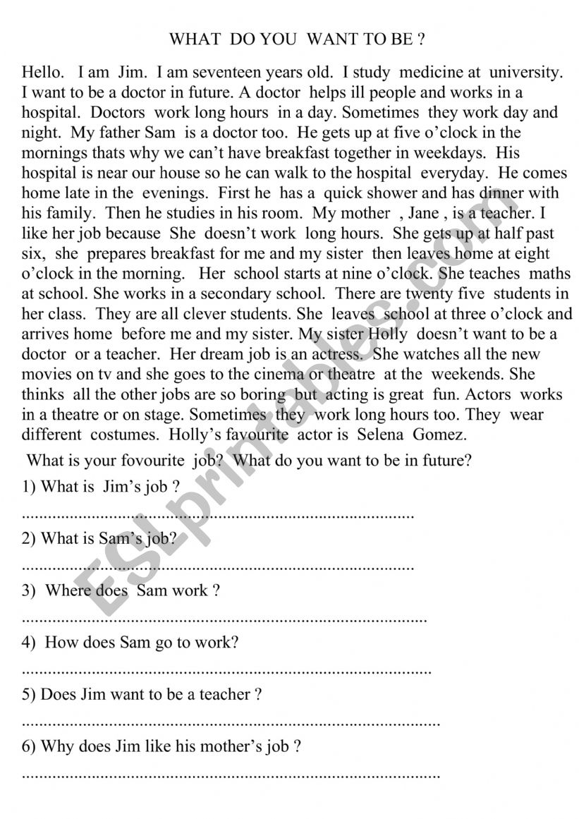 WHAT IS YOUR DREAM JOB worksheet