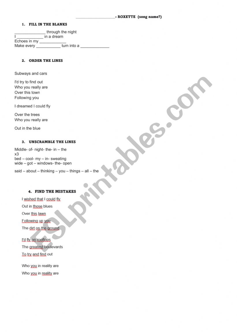 I wish I could fly- Roxette worksheet