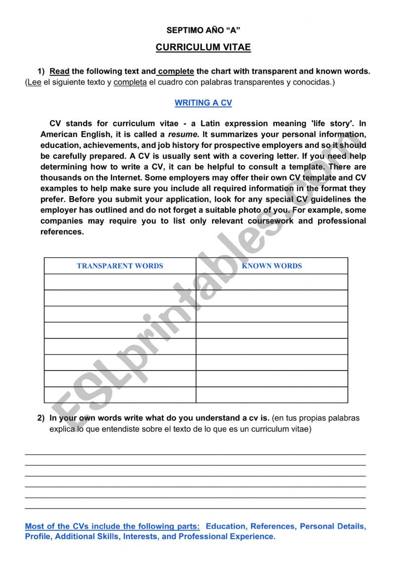 CURRICULUM VITAE  worksheet