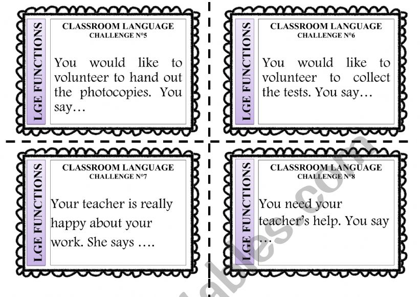 Classroom Language Challenge game Cards 5 to 8