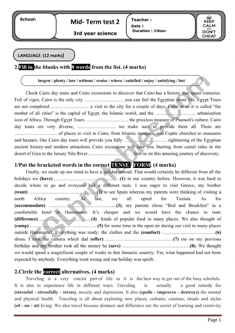 3rd Form Mid Term Test N2 (language)