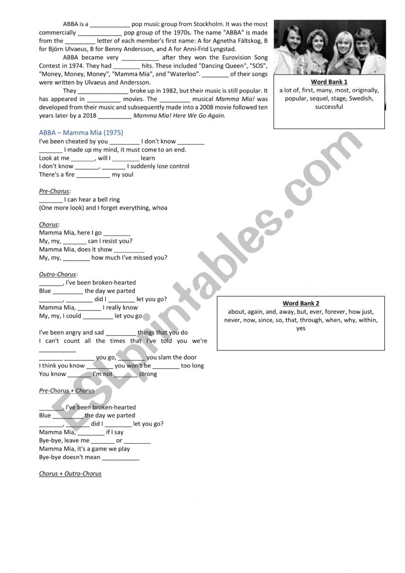 ABBA Mamma Mia Song Study worksheet