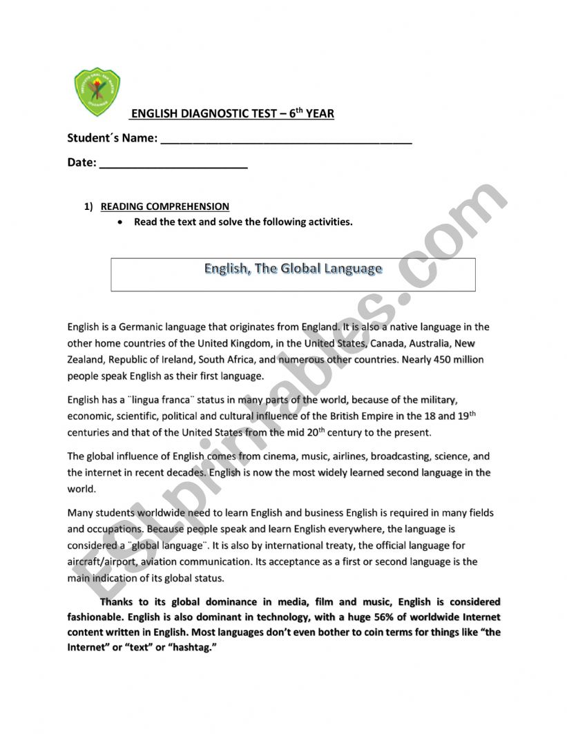 Diagnostic test  worksheet