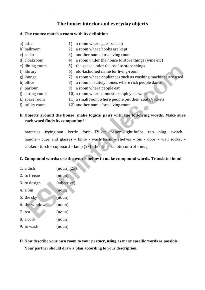 Vocabulary exercise The House worksheet