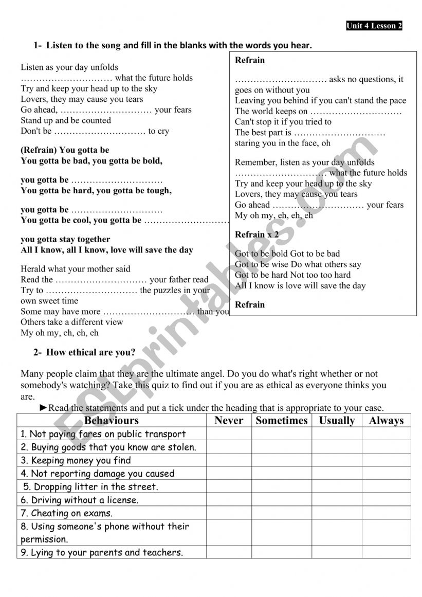 Unit 4 lesson 2 Attitudes worksheet